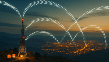 Torre de telecomunicaciones emitiendo señales sobre una ciudad iluminada al anochecer, representando una red resiliente con ondas conectadas en el cielo.