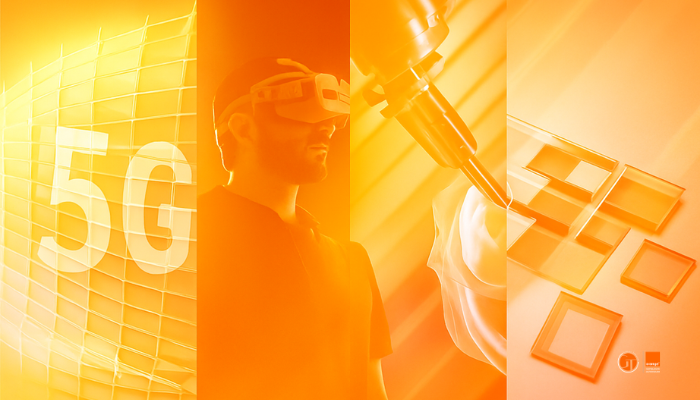 Composición visual en tonos naranjas que representa el ecosistema 5G: arquitectura digital, realidad virtual, automatización industrial y componentes tecnológicos