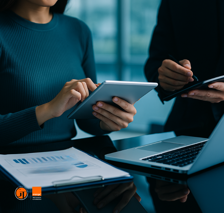 Dos profesionales revisan información técnica en una tablet y un portátil durante una reunión, representando el proceso de análisis y planificación para migrar de ADSL a fibra óptica en empresas.