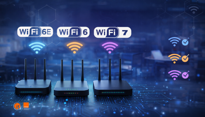 Routers representando Wi‑Fi 6, 6E y 7 sobre un fondo tecnológico con señales de conectividad. Orange empresas | Grupo Galicia Telecom