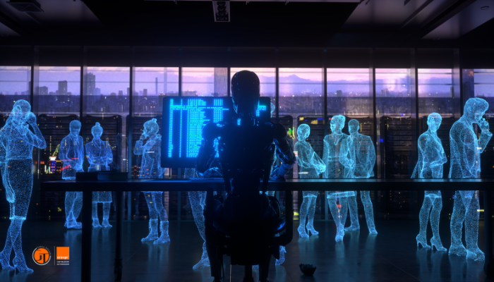 Entorno corporativo futurista con un dispositivo de inteligencia artificial nativo interactuando con figuras humanas holográficas, simbolizando la transformación digital y el fin del smartphone.